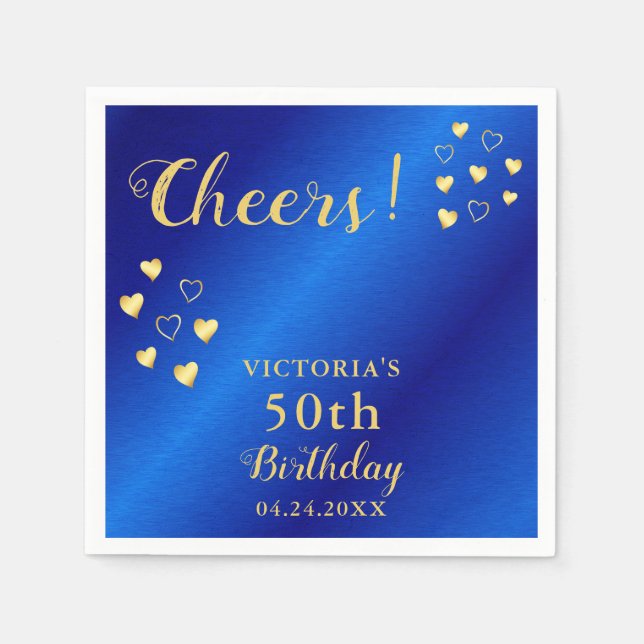 Personalised Blue and Gold Cheers 50th Birthday Napkin (Front)