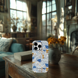 Personalised Blue and Gold Embroidered Floral Case-Mate iPhone 14 Pro Case