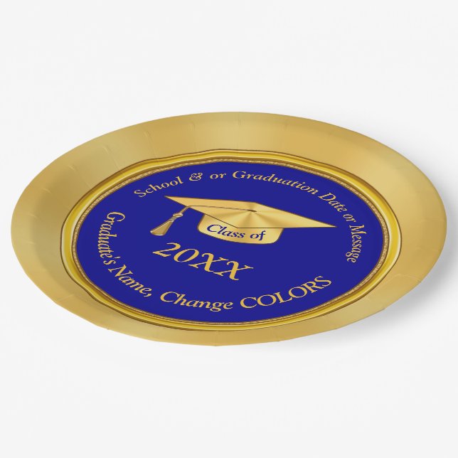 Personalised Blue and Gold Graduation Paper Plates (Angled)