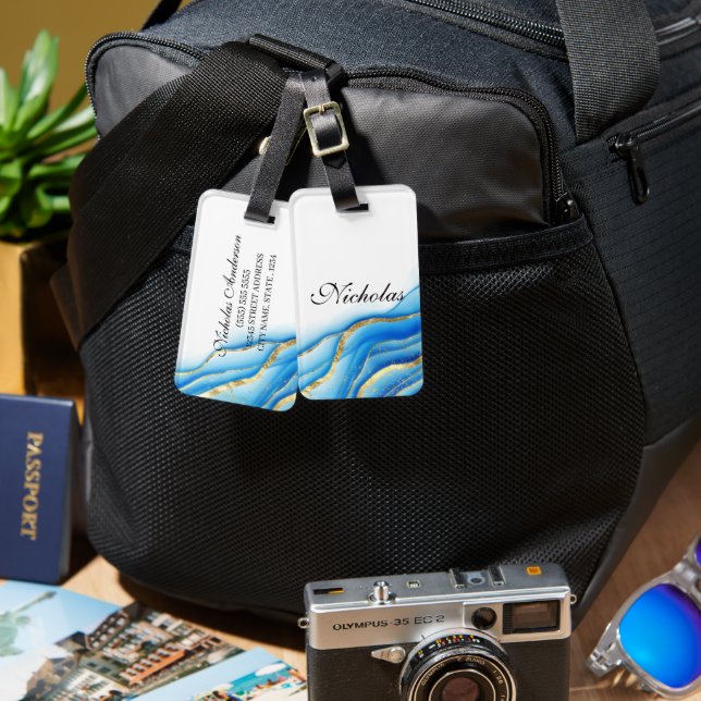 Personalised blue and gold luggage tag (Front & Back)