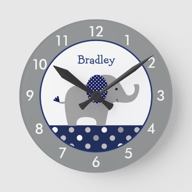 Personalised Blue and Grey Elephant Nursery Round  Clock (Front)