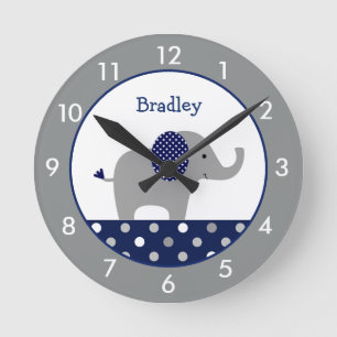 Personalised Blue and Grey Elephant Nursery Round  Round Clock