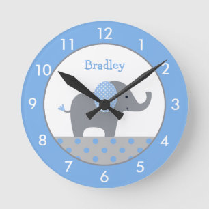 Personalised Blue and Grey Elephant Nursery Round  Round Clock
