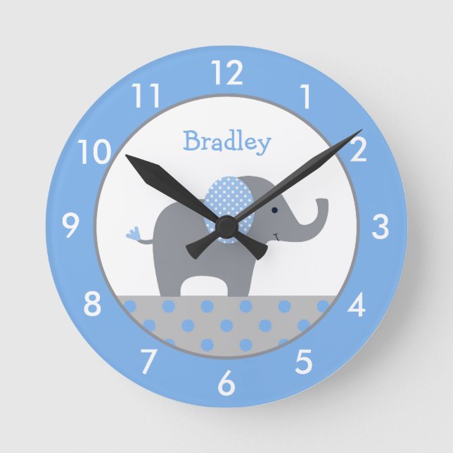 Personalised Blue and Grey Elephant Nursery Round  Round Clock (Front)