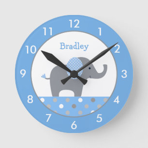 Personalised Blue and Grey Elephant Nursery Round Round Clock