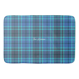 Personalised blue and grey preppy plaid tartan bath mat