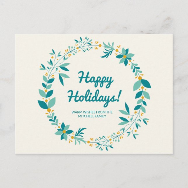 Personalised - Blue and Mint Wreath Holiday Postcard (Front)