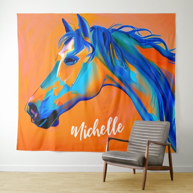 Personalised Blue and Orange Abstract Horse Art Tapestry (In Situ (Horizontal))