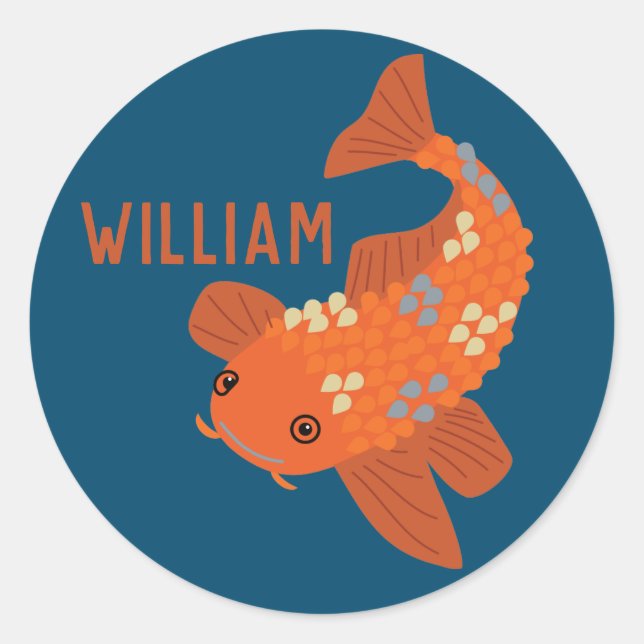 Personalised Blue and Orange Koi Goldfish Classic Round Sticker (Front)