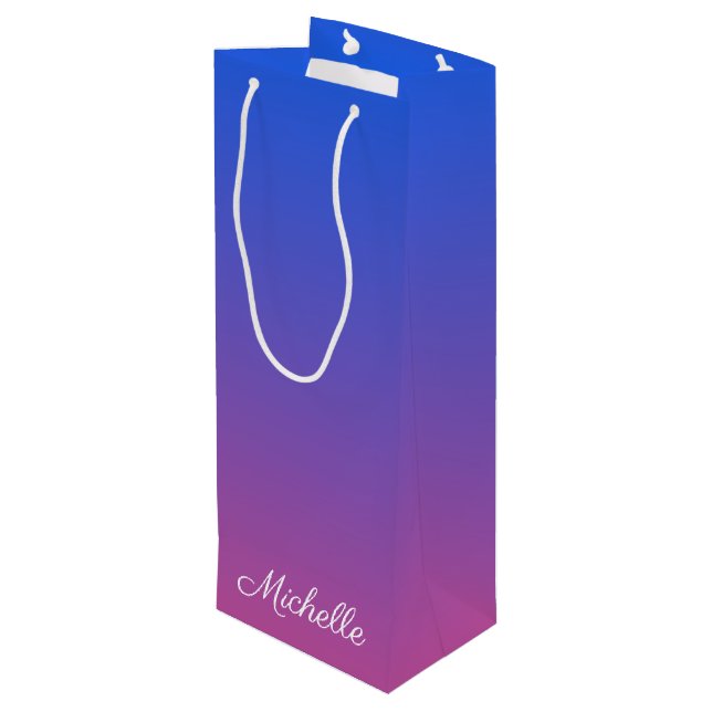 Personalised blue and pink ombre gradient wine gift bag (Back Angled)