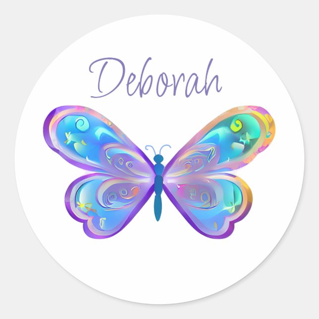 Personalised Blue and Purple Butterfly Classic Round Sticker (Front)