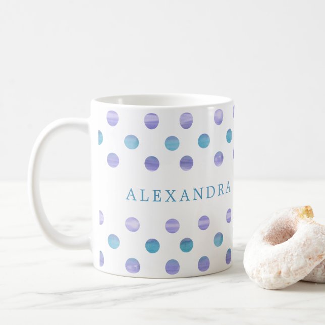 Personalised Blue and Purple Watercolor Polka Dots Coffee Mug (With Donut)