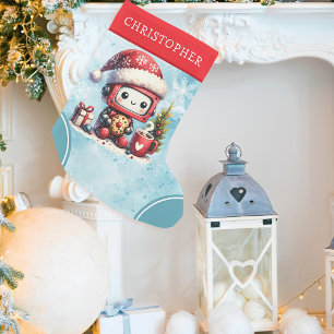 Personalised Blue and Red Cute Robot Small Christmas Stocking