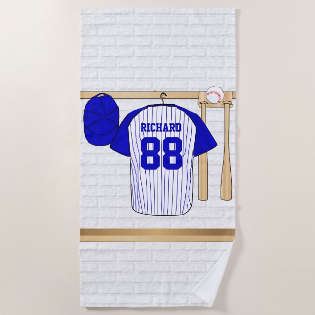 Personalised Blue and White Baseball Jersey Beach Towel (Front)