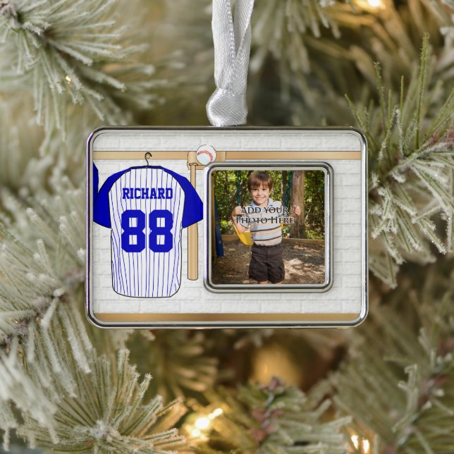 Personalised Blue and White Baseball Jersey Silver Plated Framed Ornament (Tree)