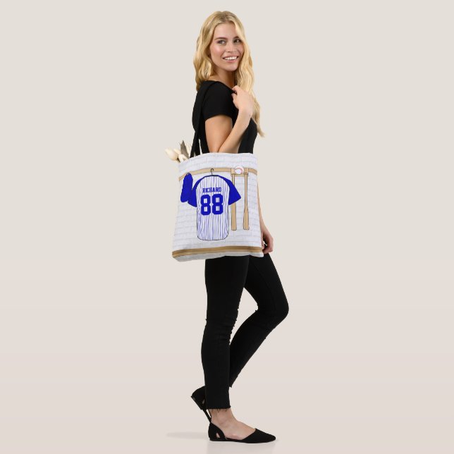 Personalised Blue and White Baseball Jersey Tote Bag (On Model)