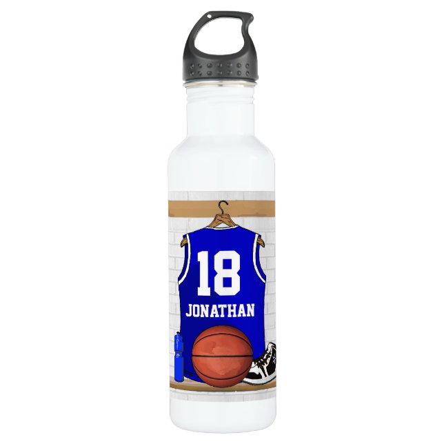 Personalised Blue and White Basketball Jersey 710 Ml Water Bottle (Front)