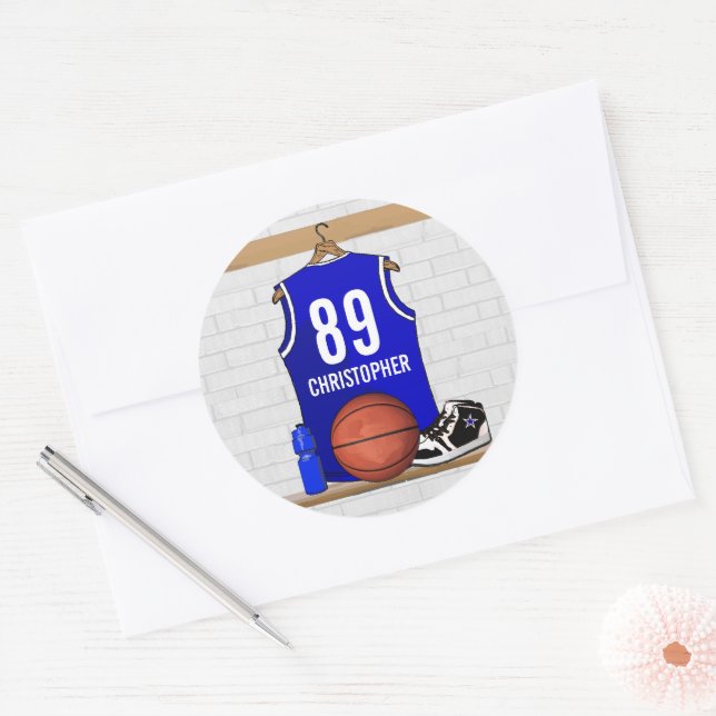 Personalised Blue and White Basketball Jersey Classic Round Sticker (Envelope)