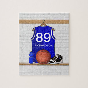 Personalised Blue and White Basketball Jersey Jigsaw Puzzle
