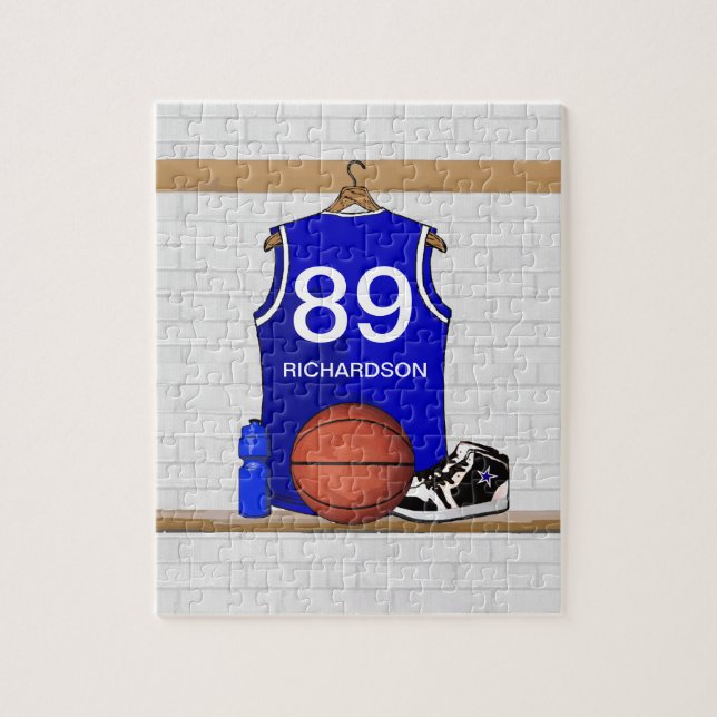 Personalised Blue and White Basketball Jersey Jigsaw Puzzle (Vertical)