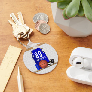 Personalised Blue and White Basketball Jersey Key Ring