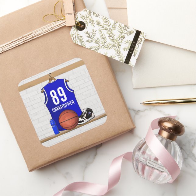 Personalised Blue and White Basketball Jersey Square Sticker (Gifting)