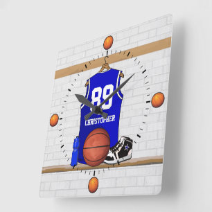 Personalised Blue and White Basketball Jersey Square Wall Clock