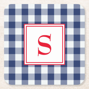 Personalised Blue and White Buffalo Plaid Square Paper Coaster