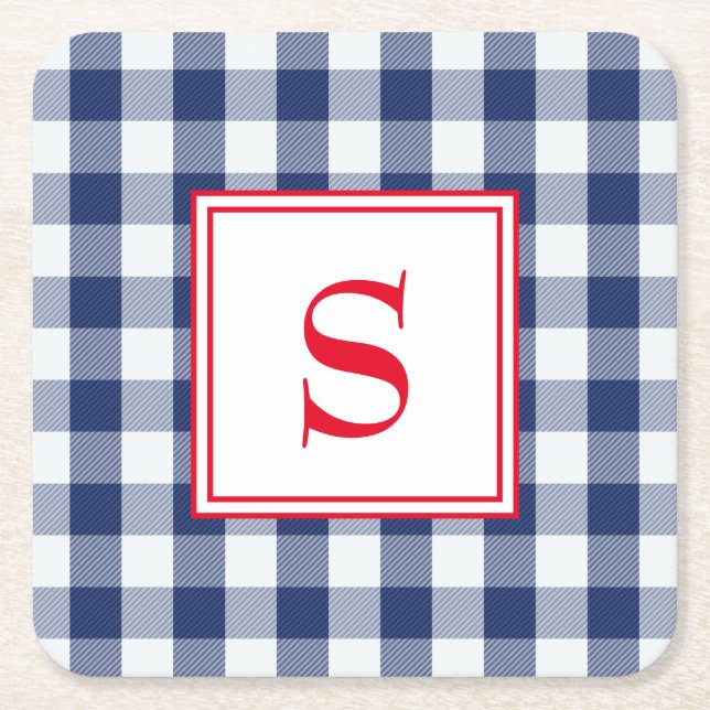 Personalised Blue and White Buffalo Plaid Square Paper Coaster (Front)