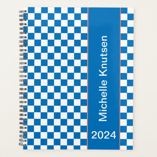 Personalised  blue and white  Chequered 2024 Planner (Front)