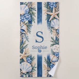 Personalised Blue and White Coastal Beach Towel