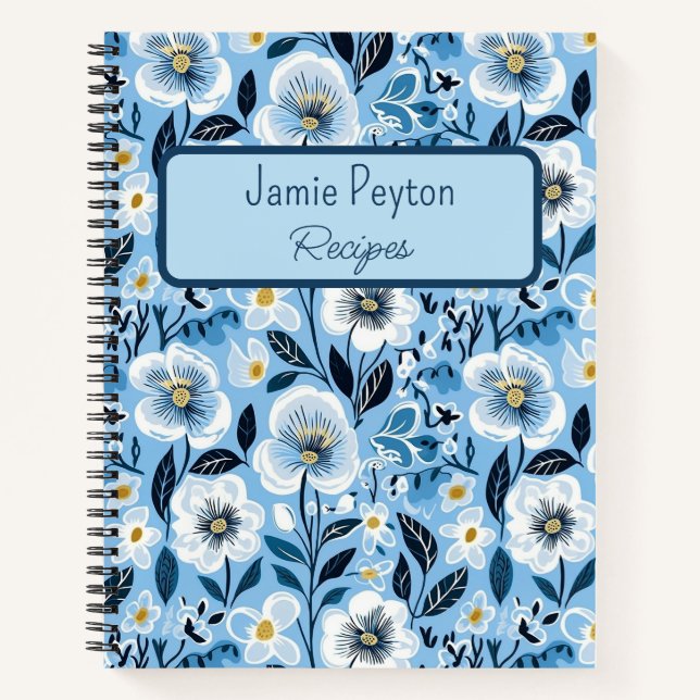 Personalised Blue and White Floral Recipe Book (Front)