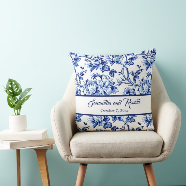 Personalised Blue and White Floral Toile Wedding Cushion (Chair)