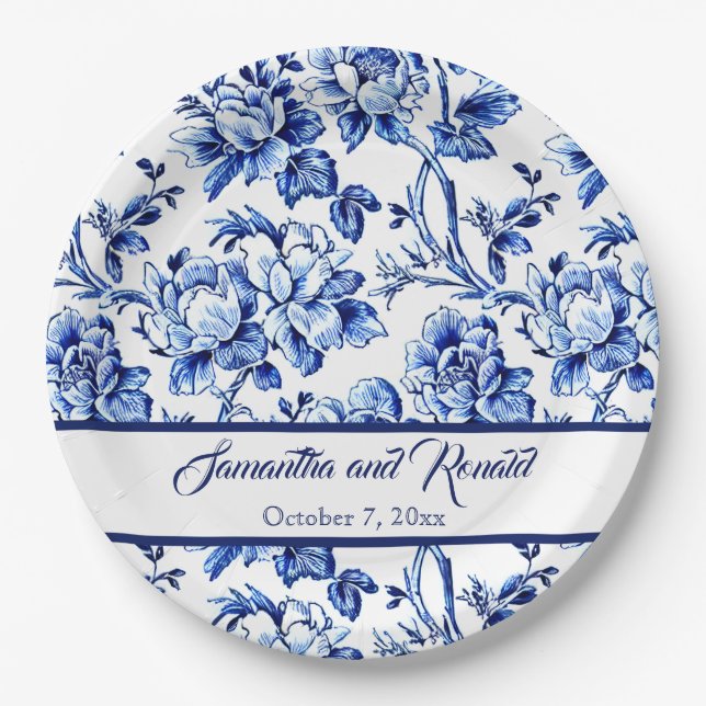 Personalised Blue and White Floral Toile Wedding Paper Plate (Front)