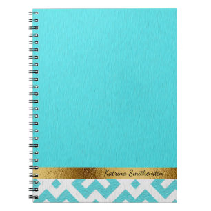 Personalised Blue and White Geometric and Gold Notebook