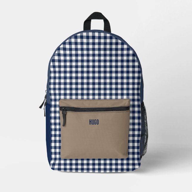 Personalised Blue and White Gingham Tablecloth  Printed Backpack (Front)