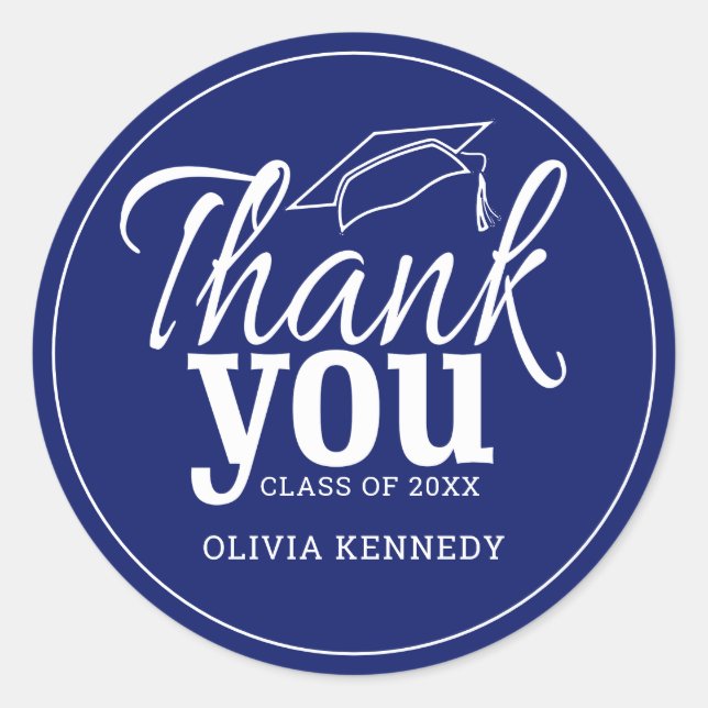 Personalised Blue And White Graduation Thank You Classic Round Sticker (Front)