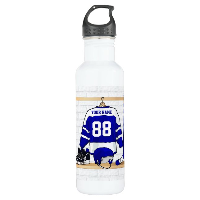 Personalised Blue and White Ice Hockey Jersey 710 Ml Water Bottle (Front)
