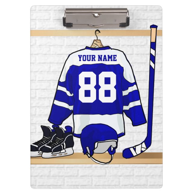 Personalised Blue and White Ice Hockey Jersey Clipboard (Front)