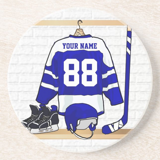 Personalised Blue and White Ice Hockey Jersey Coaster (Front)