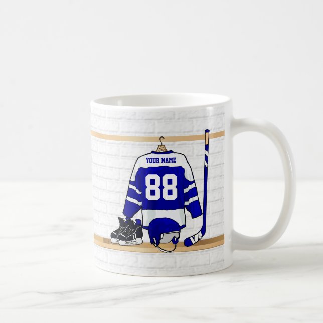 Personalised Blue and White Ice Hockey Jersey Coffee Mug (Right)