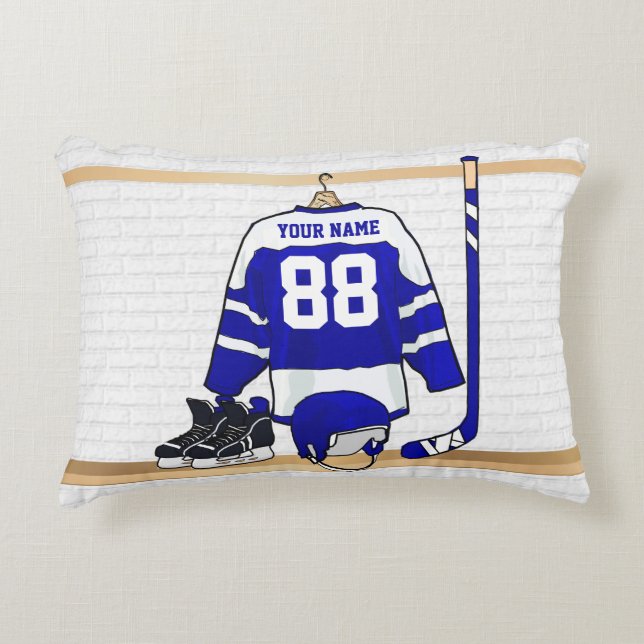 Personalised Blue and White Ice Hockey Jersey Decorative Cushion (Front)