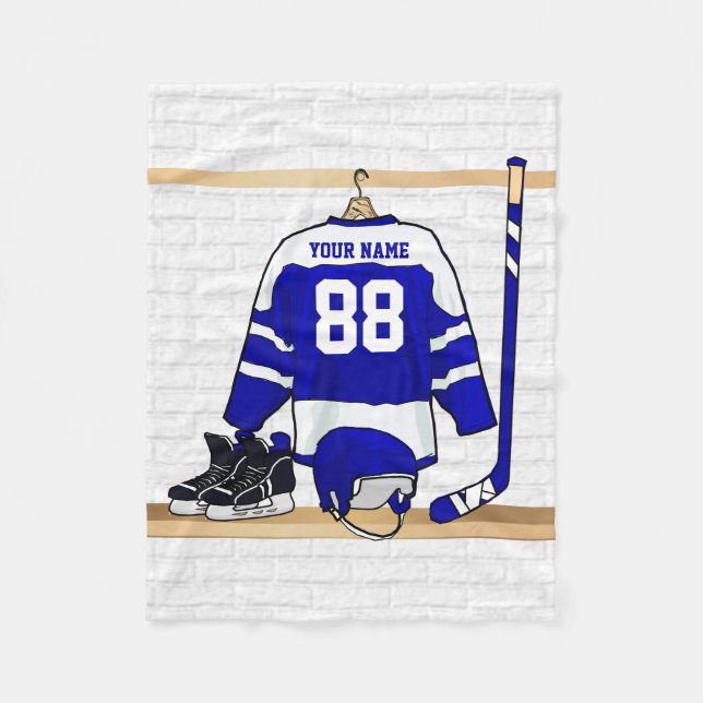 Personalised Blue and White Ice Hockey Jersey Fleece Blanket (Front)