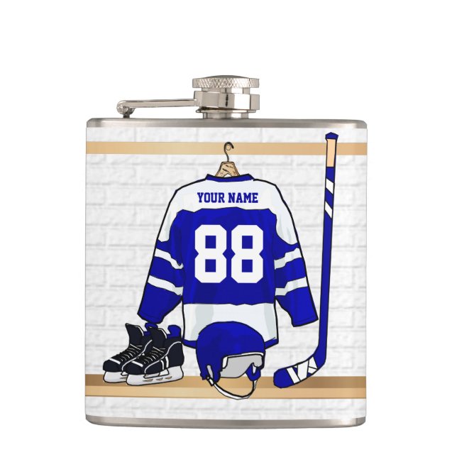 Personalised Blue and White Ice Hockey Jersey Hip Flask (Front)