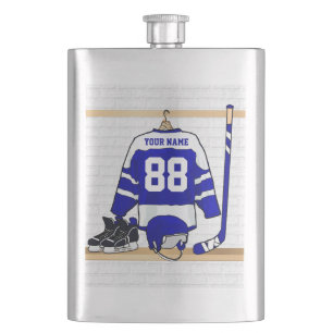 Personalised Blue and White Ice Hockey Jersey Hip Flask