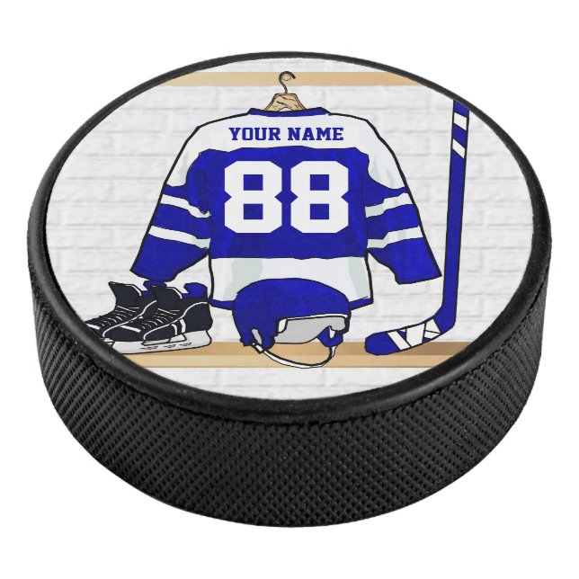 Personalised Blue and White Ice Hockey Jersey Hockey Puck (3/4)
