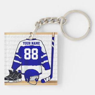Personalised Blue and White Ice Hockey Jersey Key Ring