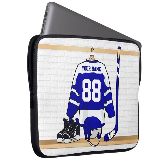 Personalised Blue and White Ice Hockey Jersey Laptop Sleeve (Front Right)