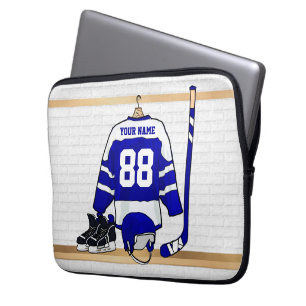 Personalised Blue and White Ice Hockey Jersey Laptop Sleeve