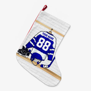 Personalised blue and White Ice Hockey Jersey Large Christmas Stocking
